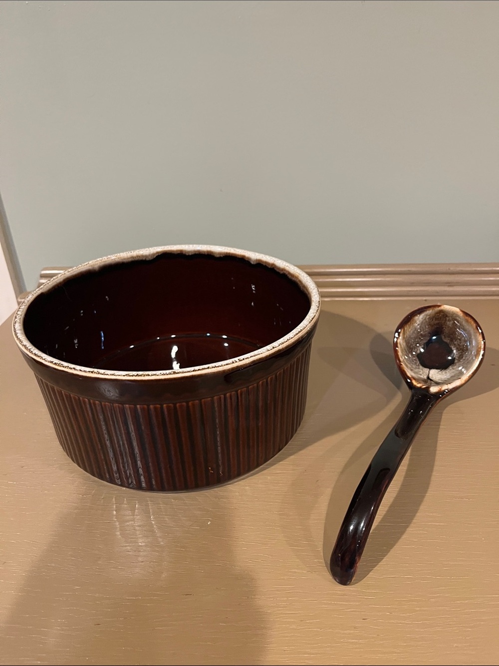 Vintage Pfaltzgraf USA Brown Drip Glaze Casserole dish and ladle